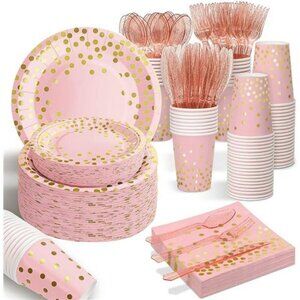 Pink Rose Gold Party Supplies Set for 25 Guests Plates Cups Napkins Cutlery